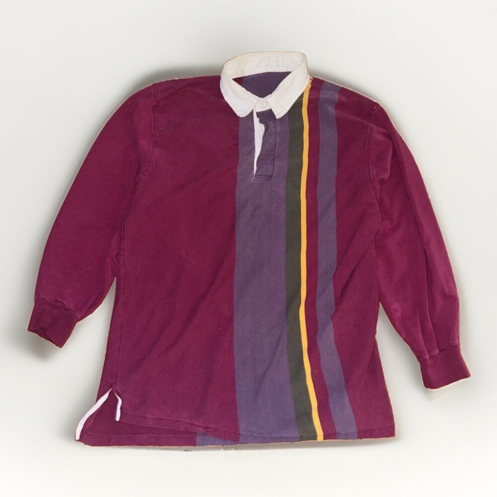 Vintage Color Block Rugby Polo Shirt Burgundy Purple White Mens 22x28